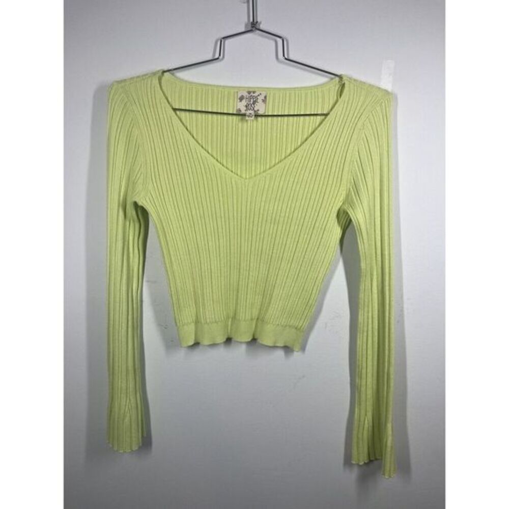 Hippie Rose Women's Ribbed Cropped V-Neck Bell Sleeve Sweater Y2K Boho Gypsy Fun